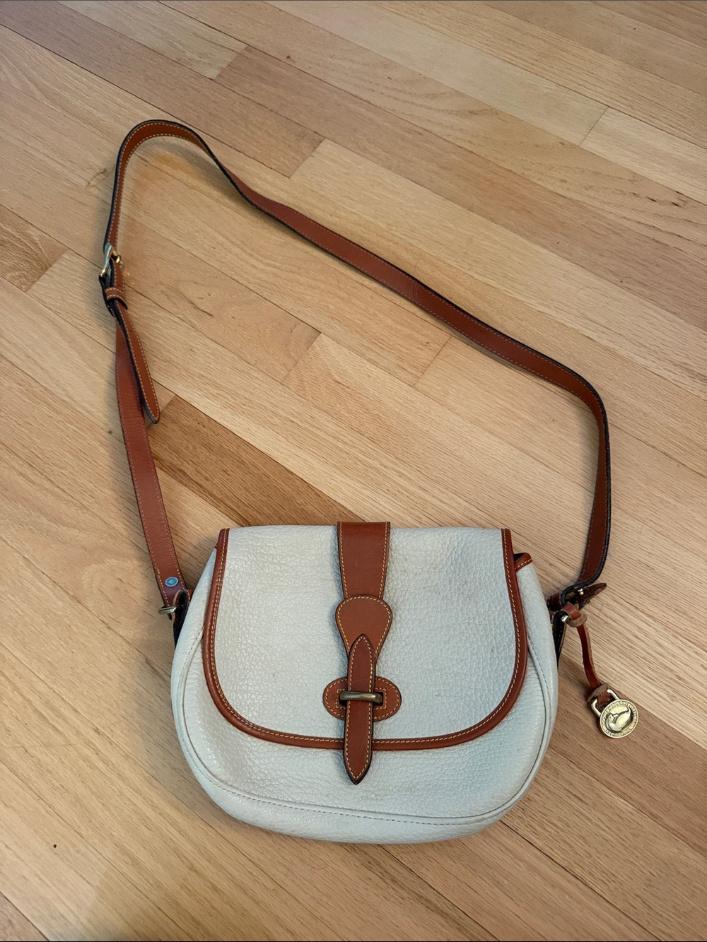 Dooney & Bourke Cream with Tan Leather Trim Crossbody Saddle Bag
